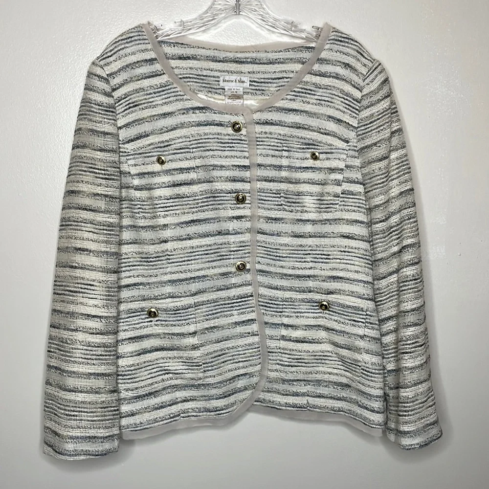 MONROE & MAIN Blazer Gray & Cream Tweed Crested Buttons Single Breasted 16